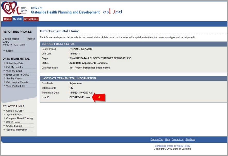 My Data TAB showing CCORPEditProcess Data Submission