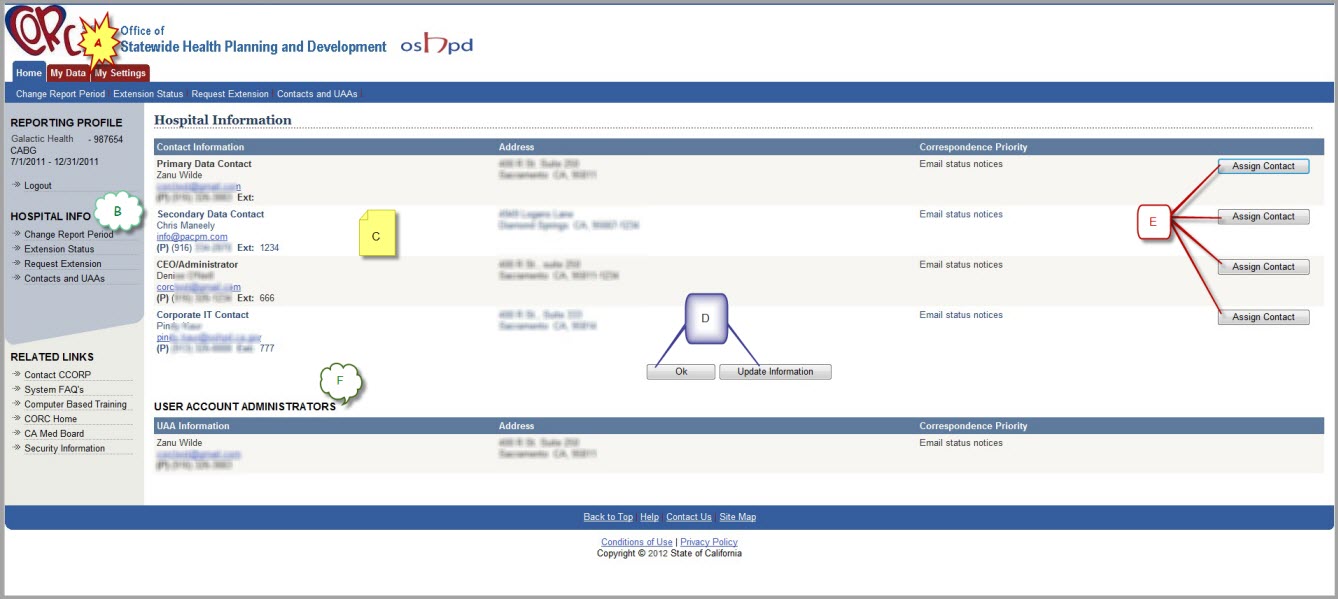 Hospitals Contacts OK screen for CORC Users.